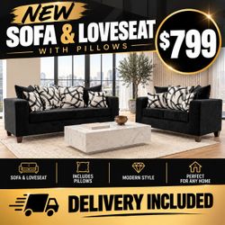 Black Sofa and Loveseat Set with Pillows