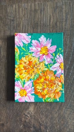 Local Original  Art painting on mini wrapped canvas - Marigold & Cosmo Flowers