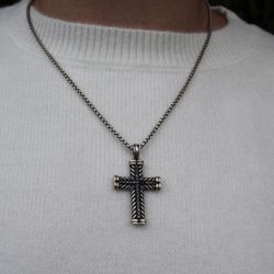 David Yurman Silver Chain + Chevron Cross Pendant With Black Diamonds