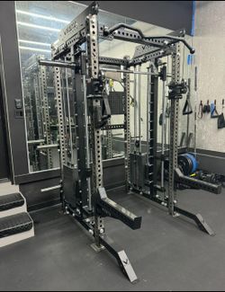 NEW Squat Rack Smith Machine Functional Trainer Cable Cross Over  Adjustable Bench Press 45lb Barbell Bumper Plates Home Gym 