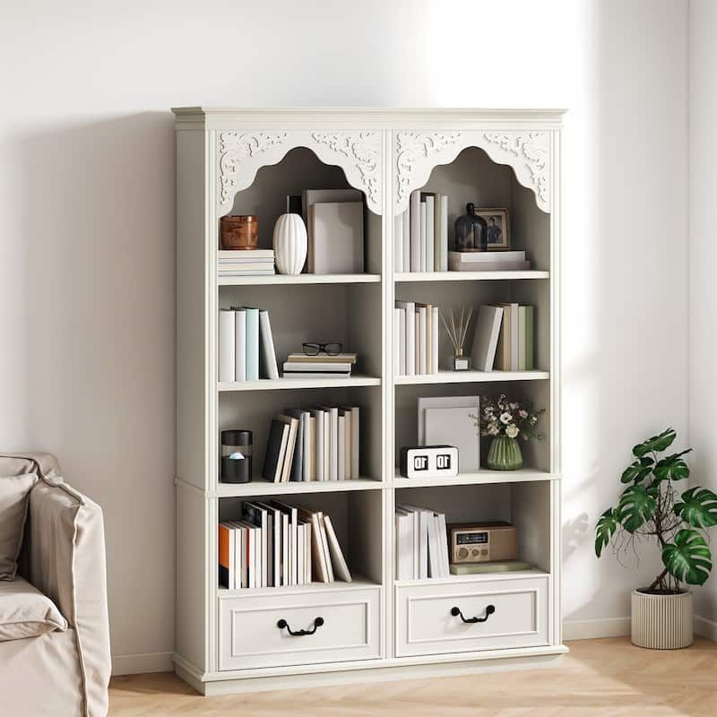 Modern 5-Shelf Bookcase Display Shelf Antique Arched Bookshelf with Drawers