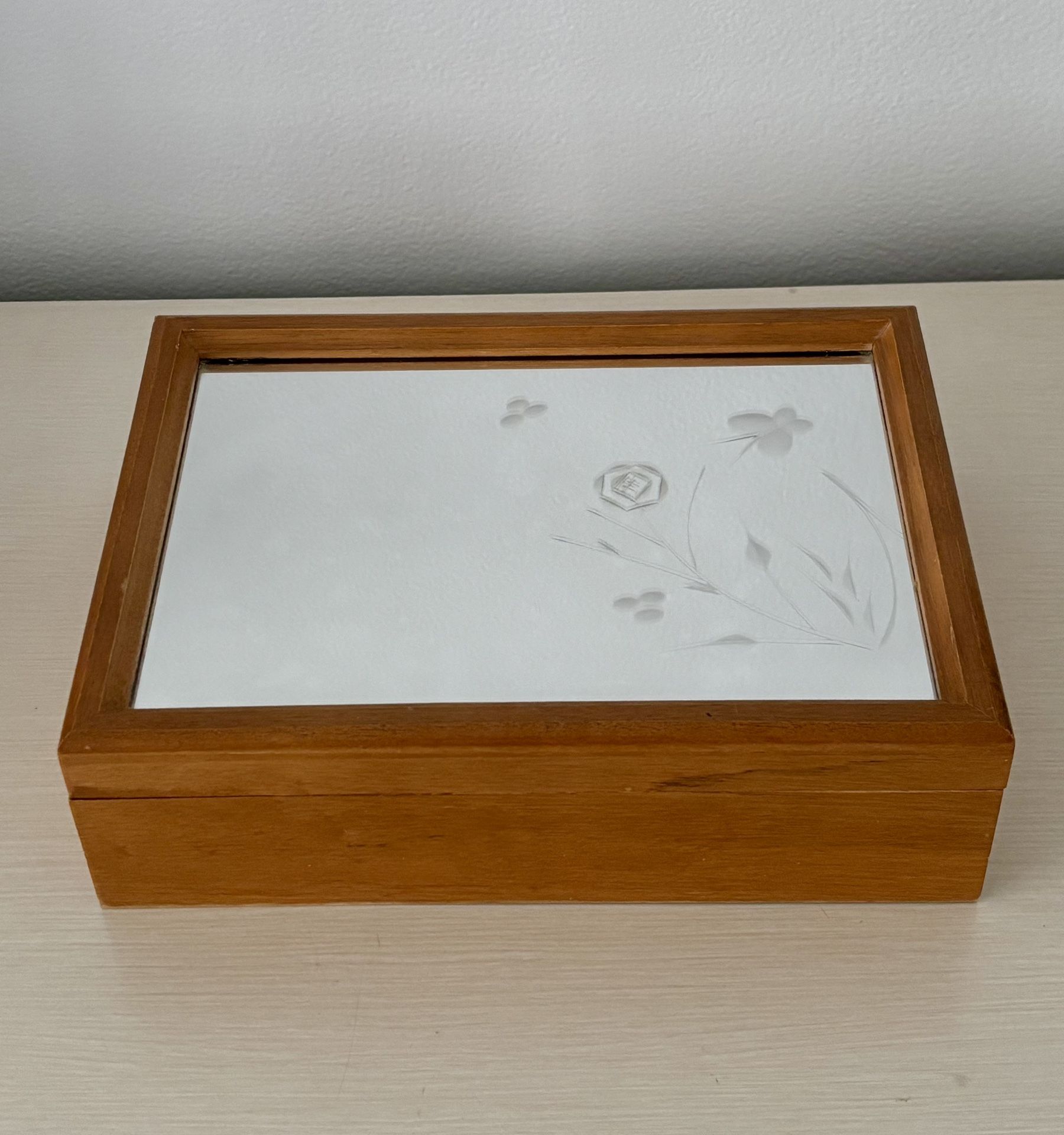 Vintage Wood Jewelry Box with Etched Mirror Top