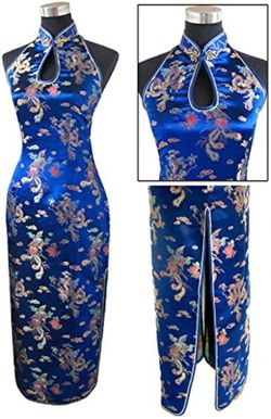7Fairy Women's Navy Blue Dragon Print Halter-Neck Backless Long Chinese-Style Dress