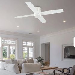 WINGBO 44" and 52" Flush Mount DC Ceiling Fan without Lights, 4 Reversible Blades - 44 inch - White/Oak - Brand New