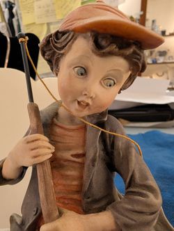 LARGE CAPODIMONTE FISHER BOY STATUTE HEAVY AND ORNATE ANTIQUE