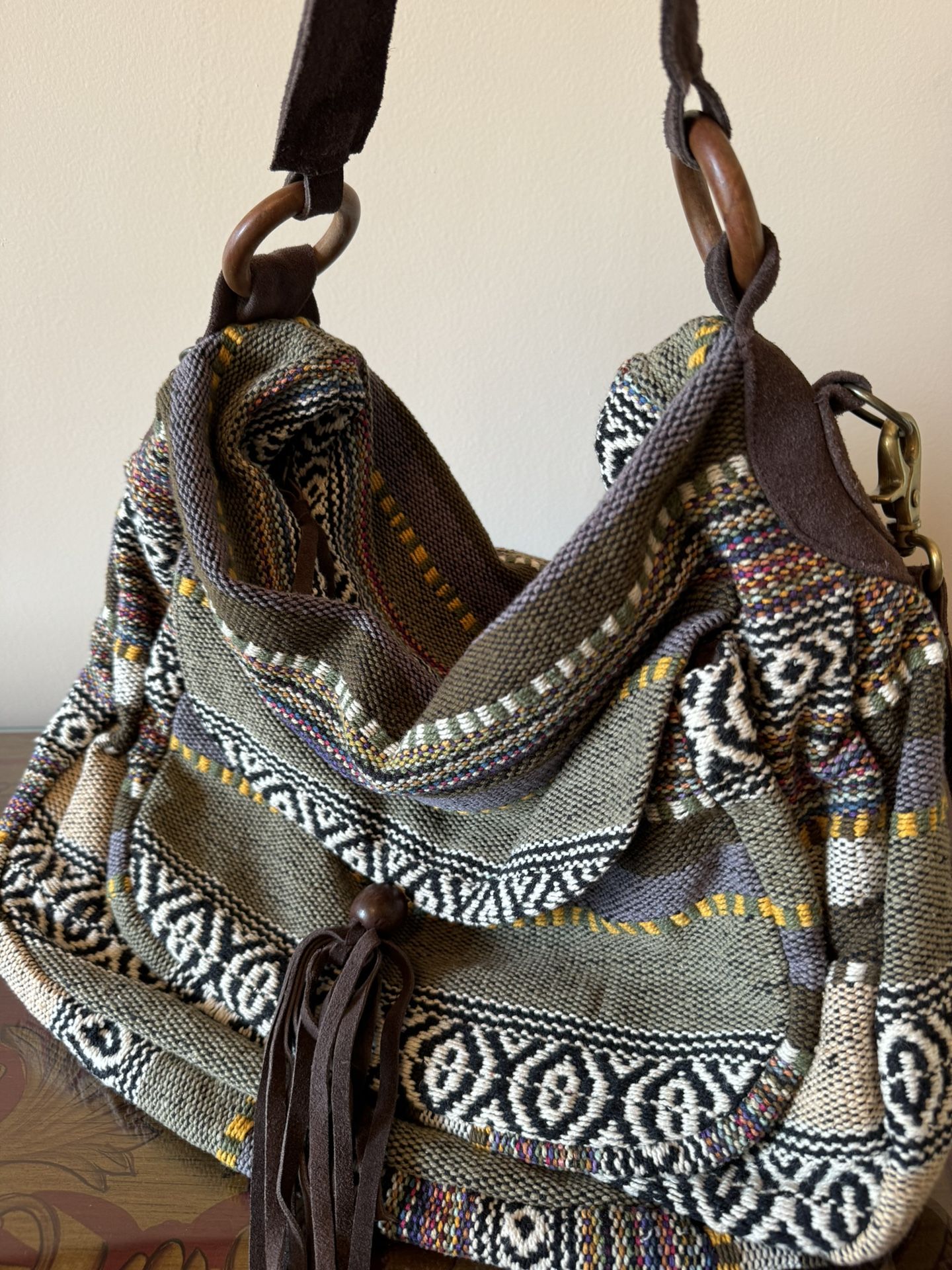 Dramatic Price Drop For Vintage, Never Used Cut N’ paste Los Angeles Anthropologie Santa Fe-inspired Cotton Woven Shoulder Bag With Suede Strap, Handl