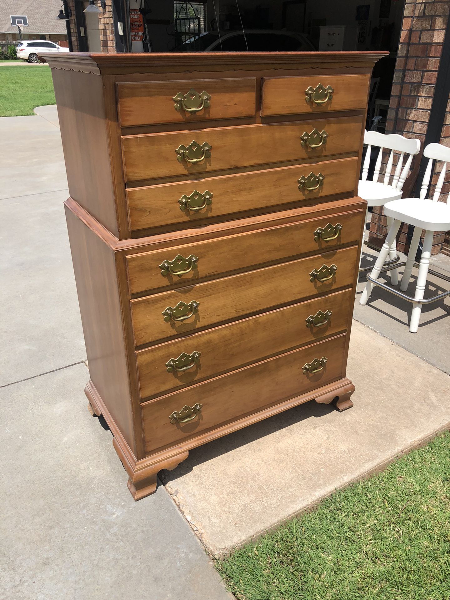 Pristine Antique Solid Maple 7 Drawer Tallboy Dresser