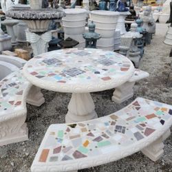 Concrete Mosaic Picnic Table with 3 Benches/ Outdoor Patio Furniture