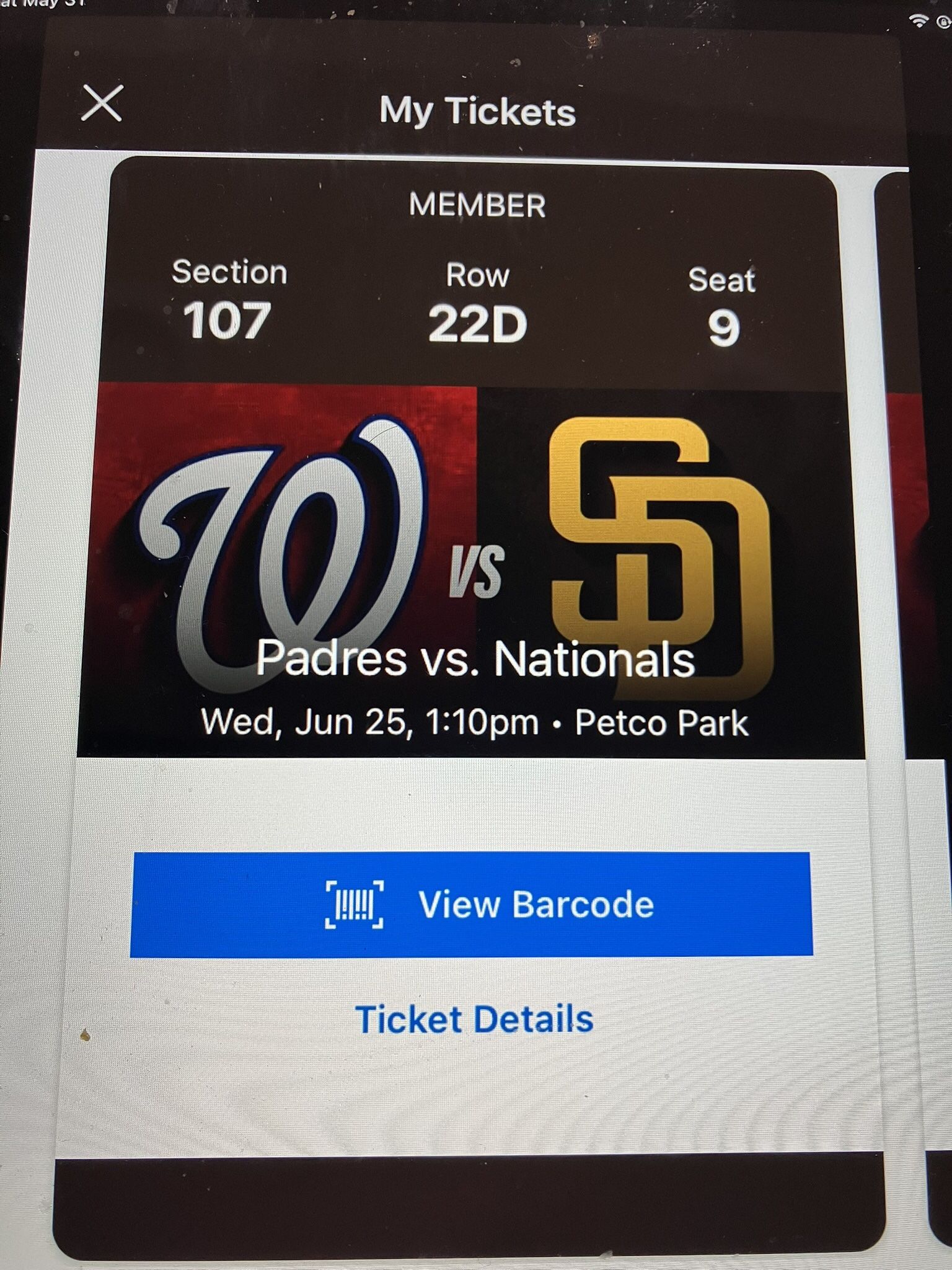 2 PADRES/ NATIONALS TICKETS, WEDNESDAY, JUNE 25, SEC 107, ROW 22D