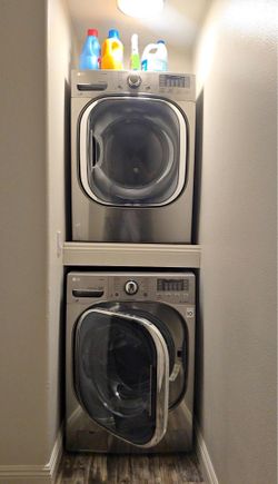 LG 4.5 & 7.4 Cu. Ft Stackable Smart Washer & Vented Gas Steam Dryer