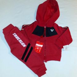 True Religion Infant 2pc Ruby Red Hooded Jogger Set- 12M