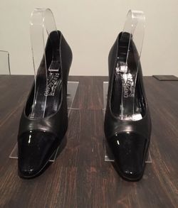 Salvatore Ferragamo Black Coated leather & Patent Leather Toe Pumps Size 8 Description: Leather Slide On Heel: 1.5" Condition: Pre-Owned Very Good Co