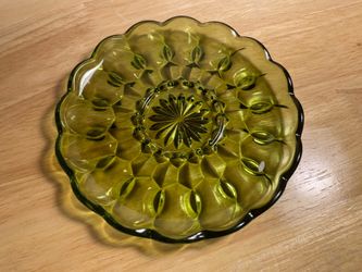 Vintage Avocado Green Glass Fairfield Anchor Hocking Snack Plate Platter MCM