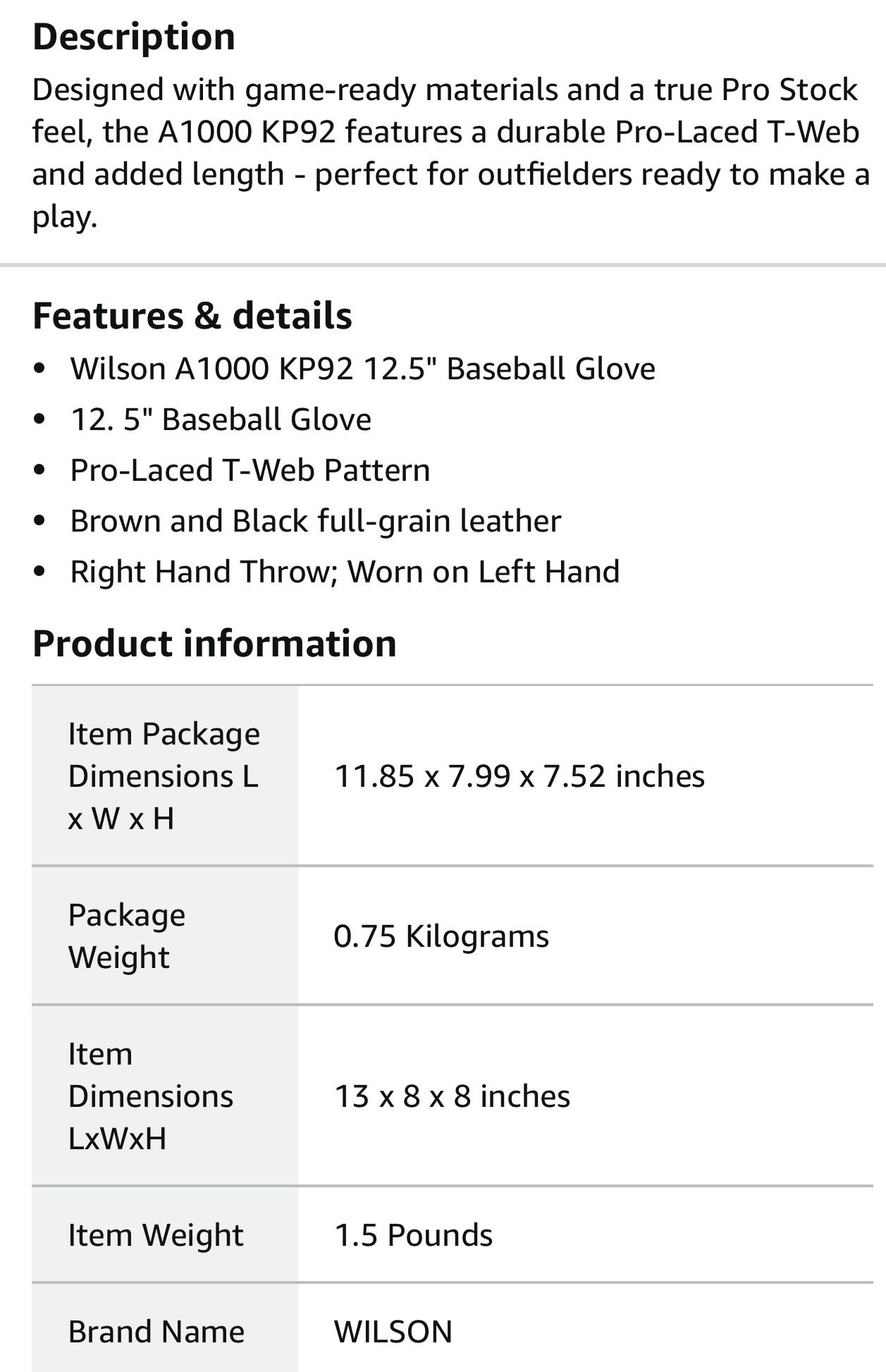 Baseball Glove 12.5 Wilson A1000 KP92
