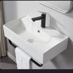 21" X 12" Modern Wall Mounted Ceramic Bathroom Sink With Towel Rack WFF-JLJ252-MJJ 