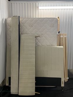 Velvet Upholstered Queen Size Bed frame with Box spring and Mattress - Ivory Color.