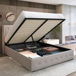 Queen Elegant Hydraulic Storage Bed Frame, Tufted Upholstered Wingback Design with Lift Up Function