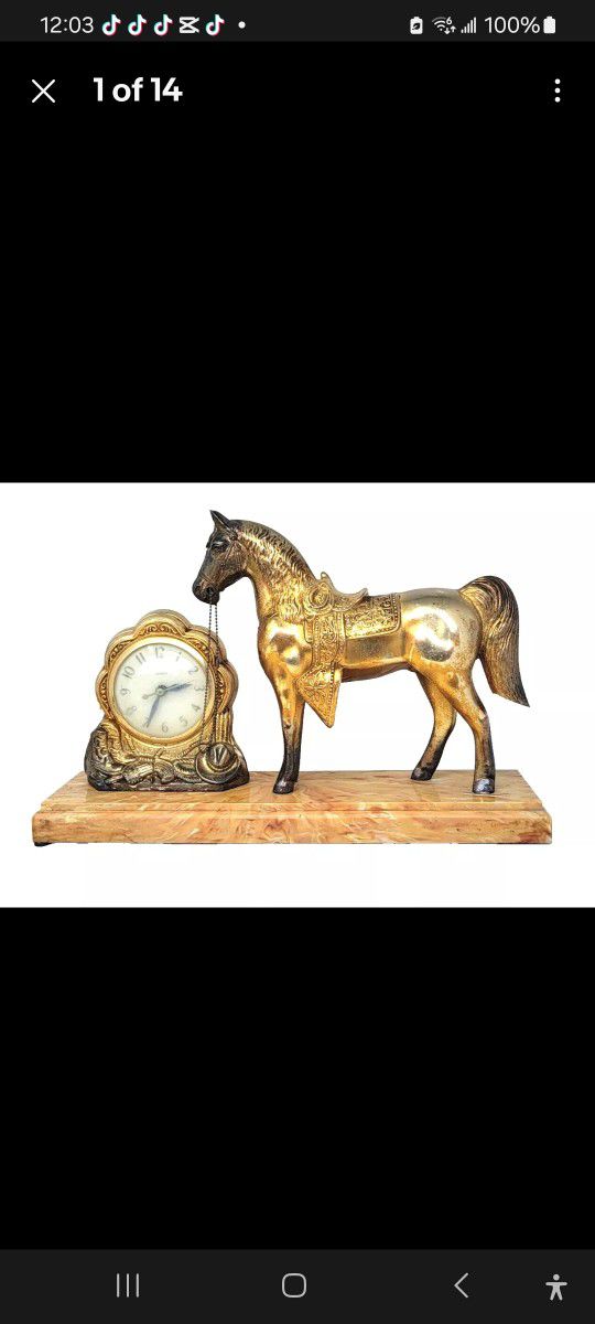 VINTAGE UNITED SELF STARTING SHELF MANTEL HORSE CLOCK, ( AS FOUND CONDITION ).