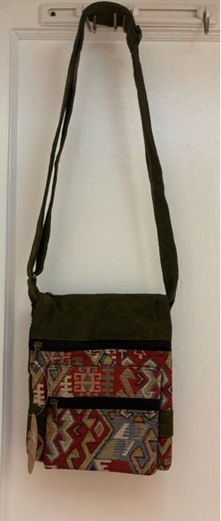 Olive Green Crossbody Jacquard Folding Tote with Patterned Front Panel