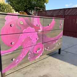 Retro modern Solid oak wood 6 Drawer wood dresser with Hand painted sea octopus design