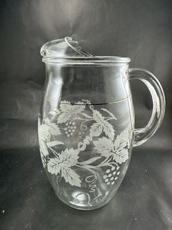 Vintage Bartlett and Collins Glass Pitcher With Etched Leaves Gold Band 