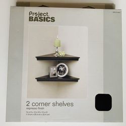 2 Antique Corner Shelves. Solid wood.  Dark brown. Espresso finish. Absolutely new. Never used. Still in original packaging. 10” W x 10” D x 0.75” H. 