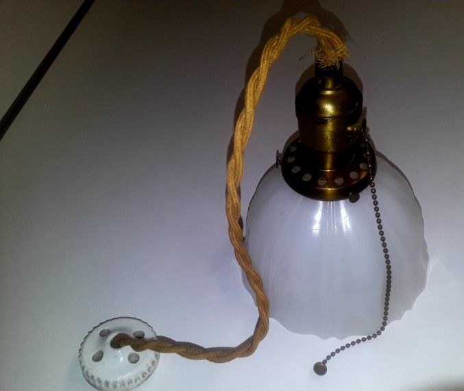 Antique Art Deco Early 1900's Light Fixture With Fluted Milk Glass Shade. All Original