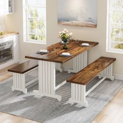 Farmhouse Dining Table Set, 47" Kitchen Table with 2 Benches