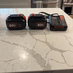 Two (2)Black & Decker 60V MAX Batteries + Charger