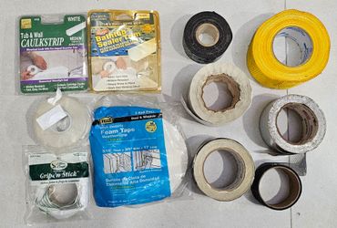 Mixed contractor/handyman tape and seal lot.

Includes assorted caulk strip, bathtub sealer trim, weatherstrip foam tape, pipe wrap tape, fiberglass d