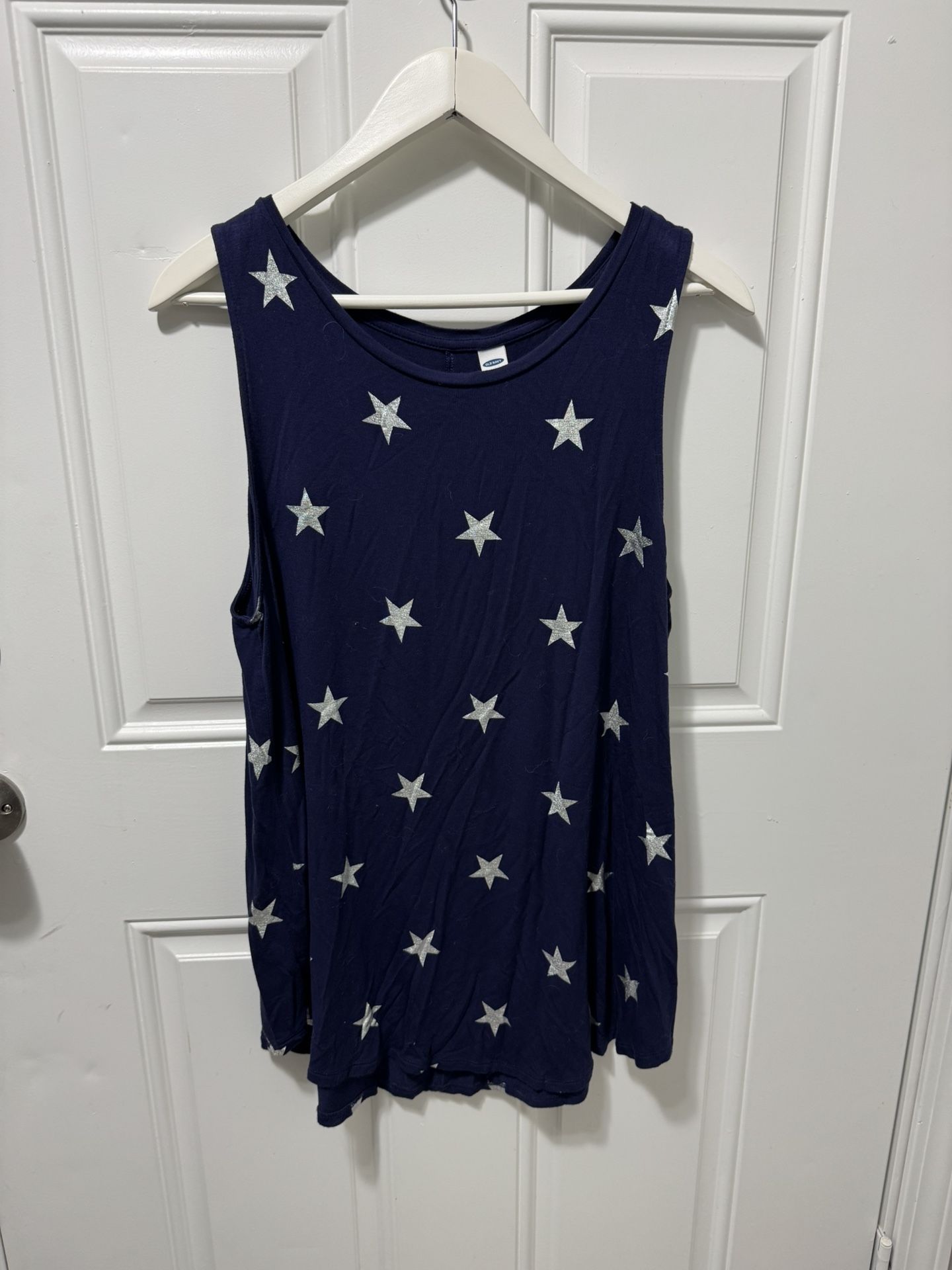 Old Navy Blue with Silver Glitter Stars Long Sleeveless Top. Women’s Size XL.