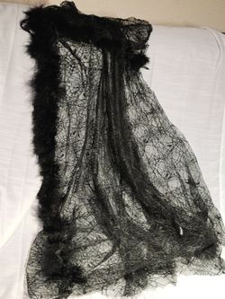 Black Lace Shawl with Feather Trim