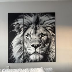 Large Lion Wall Art (3 Panels) – Modern Black & White