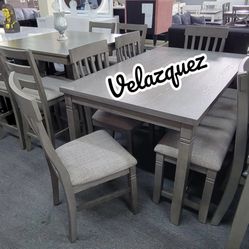 ✅️✅️6 pc  grey finish wood dining table set padded seat chairs and bench👋