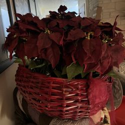 Large Red Basket Of 6 Silk Potted Poinsettias 