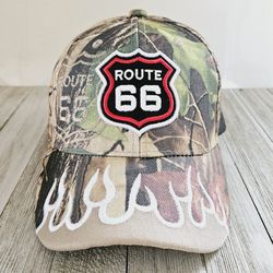 Route 66 Light Camo Colored Unisex Baseball Cap Hat with Hook and Loop Adjustable Strap and Highway Route 66 Embroidered Emblem and Embroidered Route 