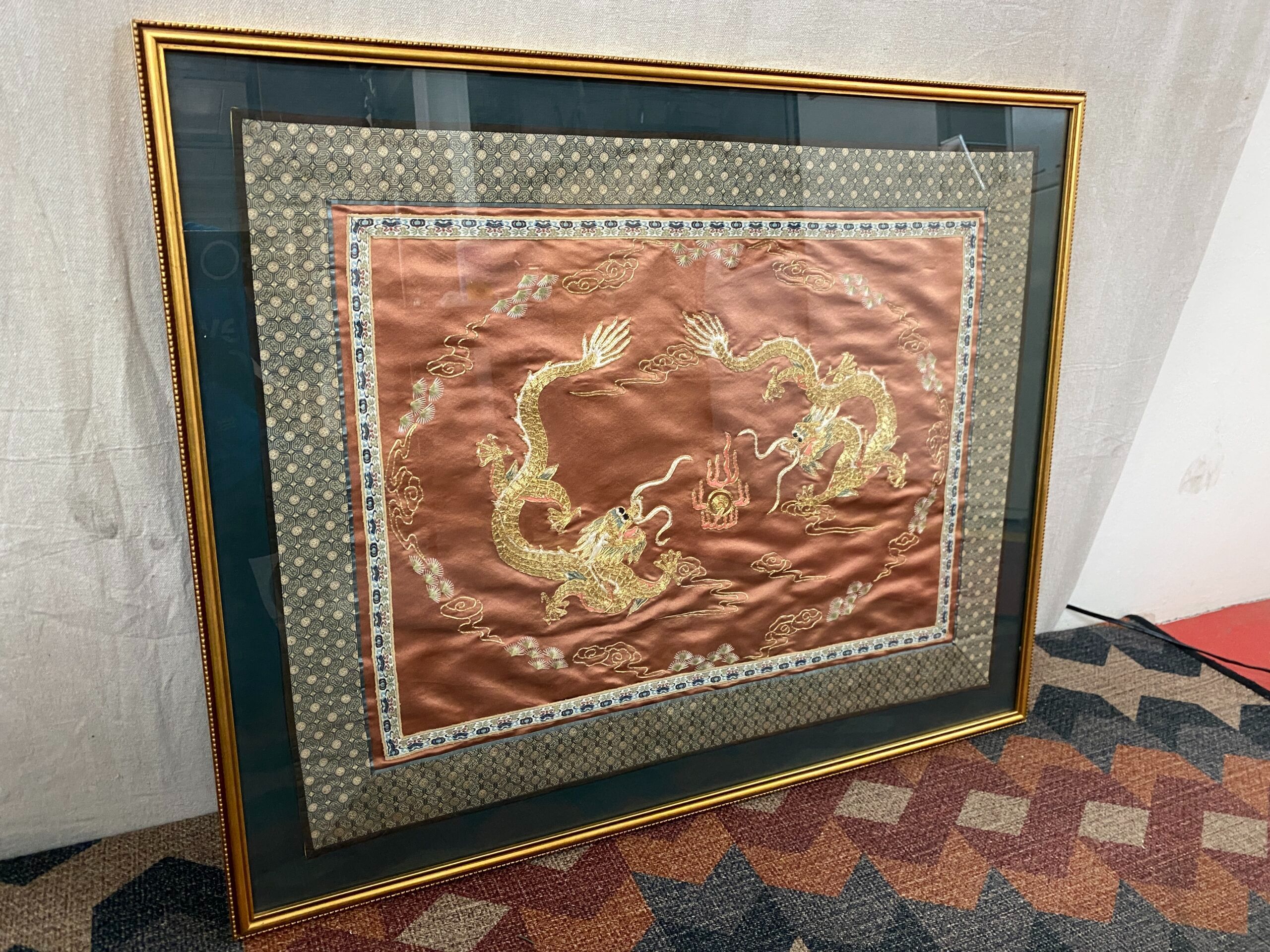 Golden Dragons Framed Chinese Silk Embroidery