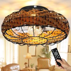SPECIAL!!! $45:16 Inch Boho Woven Rattan Fandelier, Flush Mount Caged Bladeless Ceiling Fan, Light