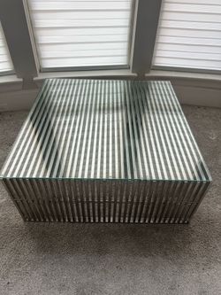 Modern Square Glass Coffee Table - Slatted Stainless Steel Architectural Base