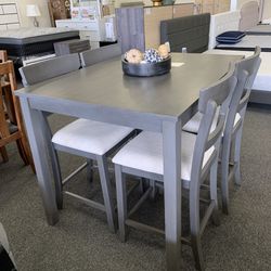 Grey Counter Height Dining Table With 4 Wooden Stools 