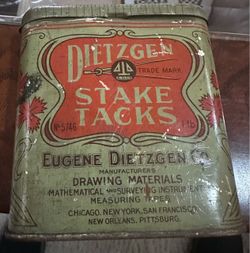 Antique 1921 Eugene Dietzgen Co. No. 5746 Stake Tacks 1 lb Tin (Full of Original Tacks)