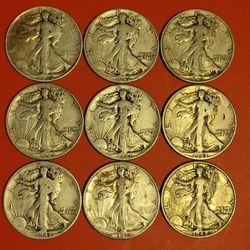 9 WALKING LIBERTY HALF DOLLAR COINS
