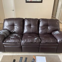 3 Seat Leather Sofa With 2 Built In Recliners!