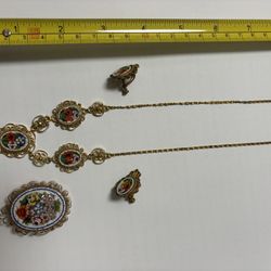 Antique Italian Micro Mosaic Necklace, Earrings, Brooches Matching Set