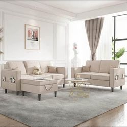 Convertible Sectional Sofa Couch with Storage Ottoman, 3 Pcs Couch Set
