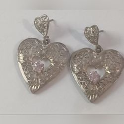 Sterling Silver Filligree Heart Pink Stone Earrings