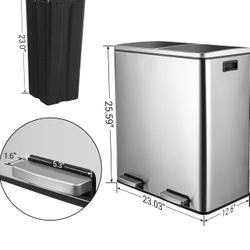 60L(16 Gal) Dual Trash Can, Stainless Steel Kitchen Garbage Can, Double Compartment Classified Rubbish Bin, Recycle Dustbin w/Plastic inner Buckets, H