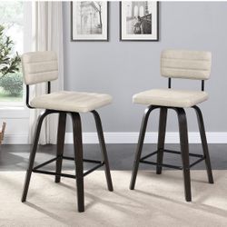 Swivel Bar Stools Set of 2, Counter Height, Wooden Frame, PU Leather Cushions, Beige