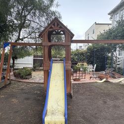 Wooden Playset with Fort, Slide, Swings & Rings - Good Condition