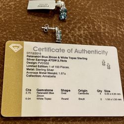 Sterling Silver Earrings With Blue Zircon And White Topaz - New 